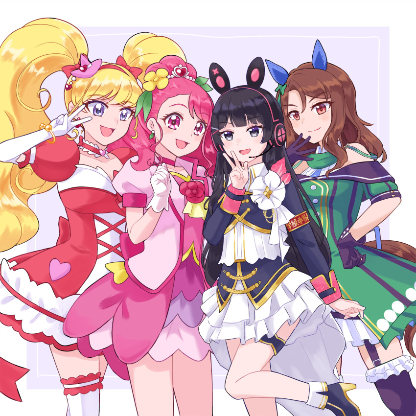 4girls animal_ears black_gloves black_hair black_thighhighs blonde_hair brown_hair cure_grace cure_miracle dress ear_covers elbow_gloves garter_straps gloves green_dress hand_on_own_hip healin'_good_precure highres horse_ears horse_girl horse_tail king_halo_(umamusume) layered_dress looking_at_viewer magical_girl minu multiple_girls nijisanji pink_eyes pink_hair precure puffy_short_sleeves puffy_sleeves purple_eyes short_sleeves simple_background smile tail thigh_strap thighhighs tsukino_mito twintails umamusume v white_gloves