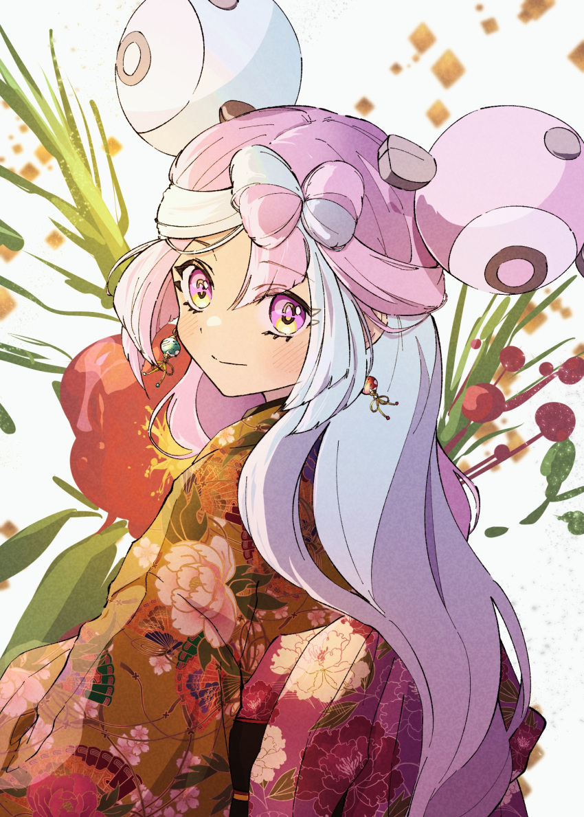 1girl alternate_costume anidf blush bow-shaped_hair character_hair_ornament closed_mouth commentary_request earrings eyelashes floral_print hair_ornament highres iono_(pokemon) japanese_clothes jewelry kimono long_hair looking_to_the_side multicolored_hair pink_eyes pokemon pokemon_sv purple_hair solo two-tone_hair upper_body white_background