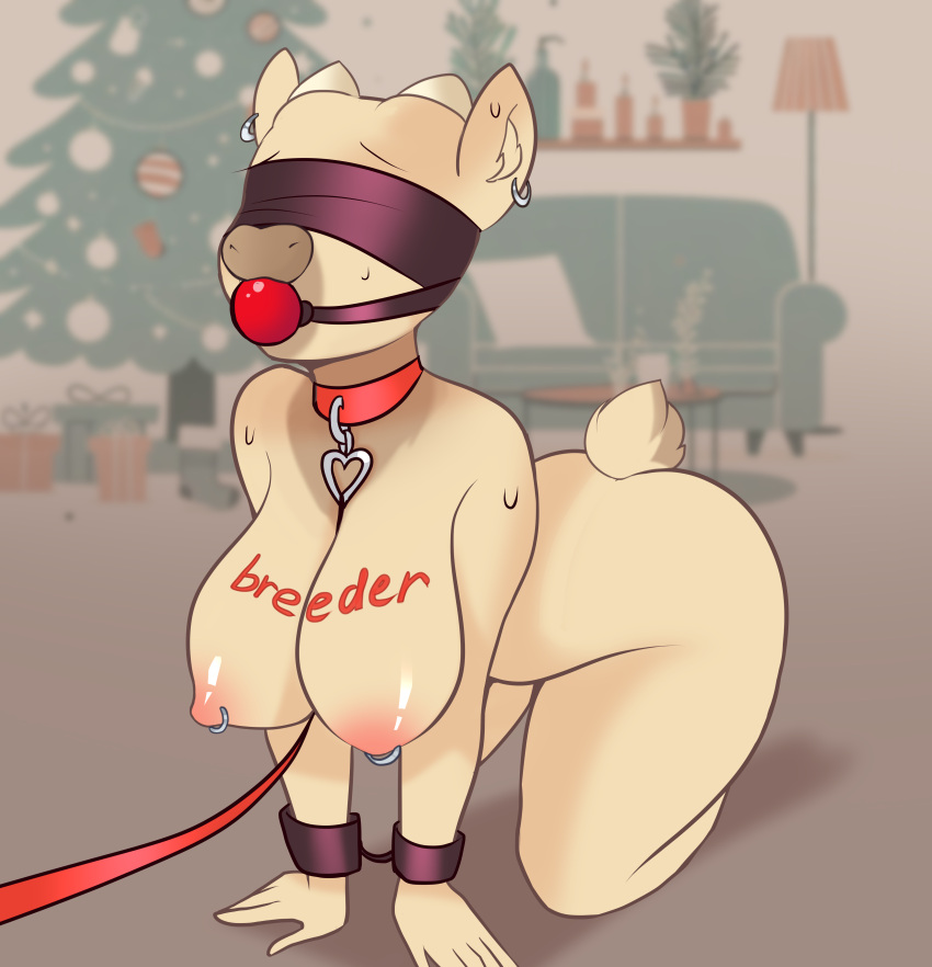 absurd_res anthro ball_gag blindfold breasts collar collar_only cuff_(restraint) fall_of_equestria female gag hi_res nipples nude restraints sex_slave solo wrist_cuffs xjenn9