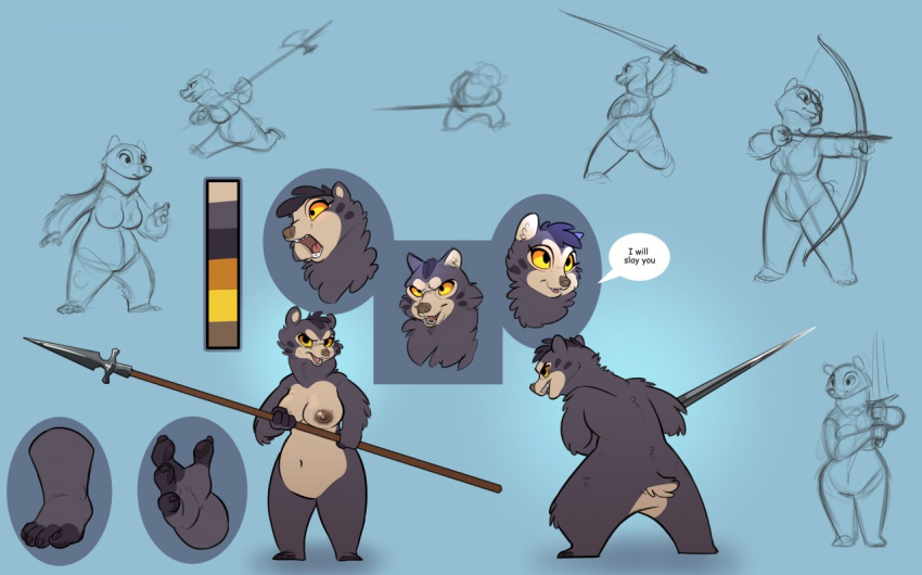 2018 anthro arrow bow_(weapon) breasts casual_nudity dialogue english_text featureless_crotch female fur grey_body grey_fur halberd holding_object holding_spear holding_sword holding_weapon mammal melee_weapon model_sheet nipples nude polearm ranged_weapon siroc solo spear sword text ursid weapon