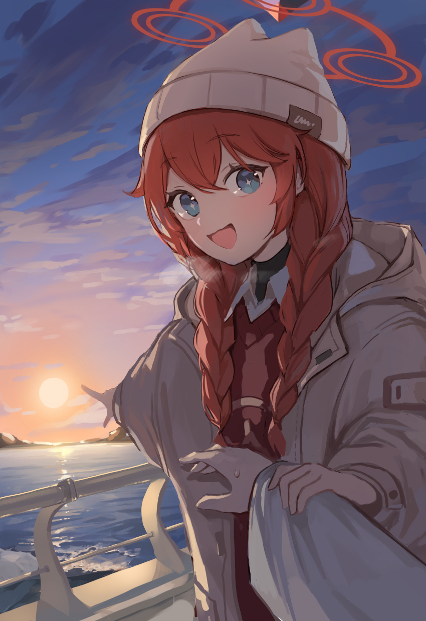 1girl 1other absurdres blue_archive blue_eyes braid brown_shirt collared_shirt grey_headwear grey_jacket hair_between_eyes halo hat highres jacket long_hair long_sleeves maki_(blue_archive) maki_(camp)_(blue_archive) official_alternate_costume official_alternate_hairstyle open_mouth outdoors red_hair red_halo seorang shirt smile solo_focus twin_braids white_shirt