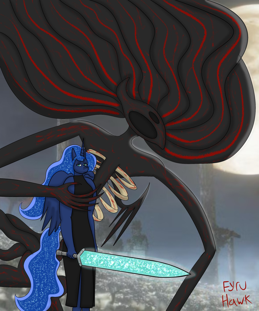 2024 absurd_res animal_humanoid anthro black_body black_clothing black_dress black_skin blood bloodborne blue_body blue_hair blue_skin bodily_fluids clothing crossover deity dress duo eldritch_abomination eldritch_being equid equine female female/female friendship_is_magic fromsoftware fyru_hawk great_ones_(bloodborne) hair hasbro hi_res humanoid hunter_dream light mammal markings moon moon_presence_(bloodborne) moonlight moonlight_greatsword my_little_pony princess_luna_(mlp) pseudo_hair red_markings sony_corporation sony_interactive_entertainment tentacle_hair tentacles