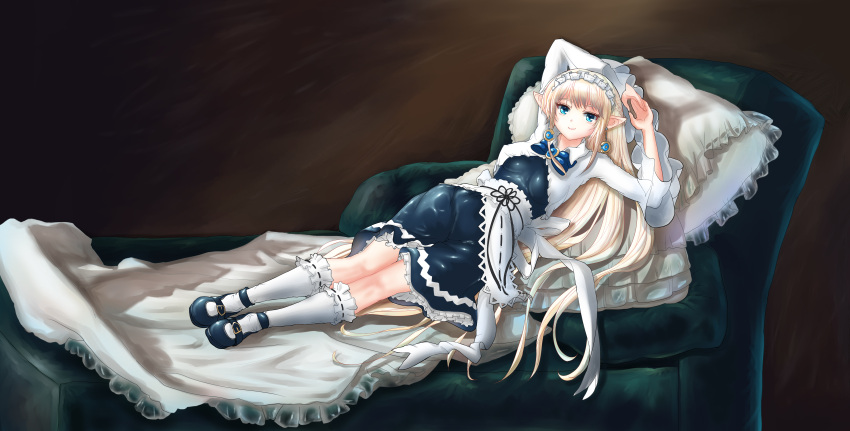 1girl absurdres arms_behind_head blonde_hair blue_eyes character_request couch dress dungeon_and_fighter elf fantasy fine_art_parody highres la_maja_vestida long_hair looking_at_viewer maid mixed-language_commentary parody pillow pointy_ears resting shoes socks style_parody uniform user_tyzp4472 very_long_hair white_socks