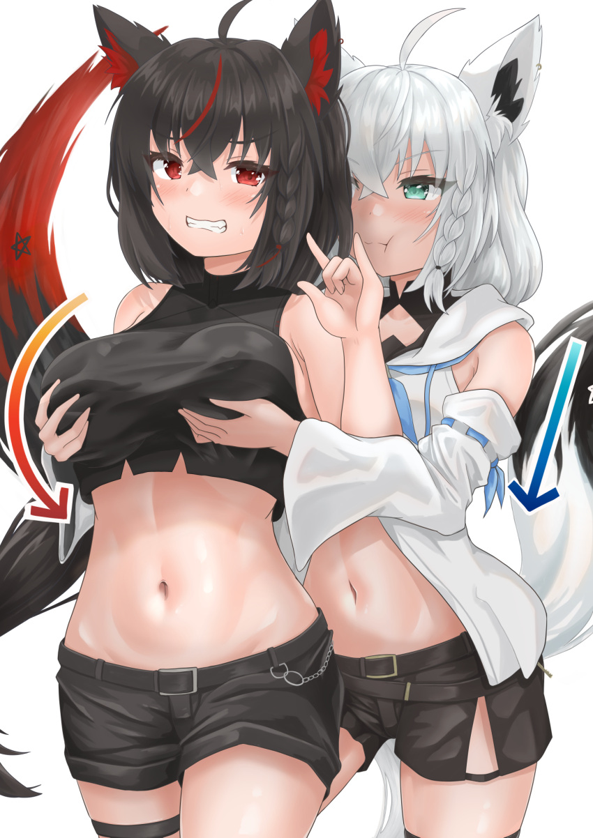 2girls ahoge animal_ear_fluff animal_ears arrow_(symbol) black_hair black_shirt black_shorts blush braid breasts commentary_request crop_top earrings fox_ears fox_girl fox_shadow_puppet fox_tail green_eyes groping hair_between_eyes highres hololive jewelry kaigara_(valibow) kurokami_fubuki long_hair looking_at_viewer medium_breasts midriff multicolored_hair multiple_girls navel pentagram pout red_eyes red_hair shirakami_fubuki shirakami_fubuki_(1st_costume) shirt shorts sidelocks simple_background single_braid small_breasts streaked_hair tail teeth thigh_strap virtual_youtuber white_background white_hair