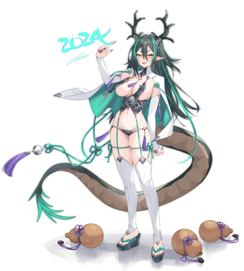 1girl 2024 :d absurdres black_hair black_horns black_nails black_panties blush breast_curtains breasts chinese_zodiac dragon_girl dragon_horns dragon_tail full_body gourd green_hair hair_between_eyes hattori_masaki highres horns large_breasts long_hair looking_at_viewer multicolored_hair nail_polish navel open_mouth original panties pointy_ears signature simple_background smile solo tabi tail thighhighs toenail_polish toenails two-tone_hair underwear white_background white_thighhighs year_of_the_dragon yellow_eyes