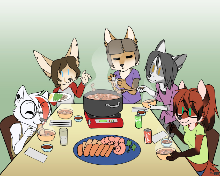 anthro arctic_fox arctica_(vixen_logic) beverage_can black_nose blue_bottomwear blue_clothing blue_eyes blue_pants bottomwear breasts brown_body brown_fur brown_hair brown_markings canid canine chair cheek_tuft chopsticks clothed clothing colored cooking digital_media_(artwork) dipstick_ears dipstick_hair ear_piercing ear_ring eating eyewear facial_tuft female fennec ferra_(vixen_logic) flat_colors food fox foxboy83 fully_clothed fungus fur furniture glass glasses gloves_(marking) green_clothing green_eyes green_shirt green_topwear grey_body grey_bottomwear grey_clothing grey_fur grey_hair grey_nose grey_pants group hair hi_res highlights_(coloring) mammal marble_(vixen_logic) marble_fox markings meat multicolored_ears mushroom noodles pants piercing ponytail purple_clothing purple_shirt purple_topwear red_(vixen_logic) red_body red_clothing red_fox red_fur red_hair red_highlights red_shirt red_topwear ring_piercing round_glasses sausage shirt short_hair shrimp_(food) simple_background sitting standing table tail tan_body tan_fur tank_top tibetan_sand_fox tied_hair tootaloo topwear tuft vixen_logic white_body white_clothing white_fur white_hair white_shirt white_topwear yellow_clothing yellow_eyes yellow_shirt yellow_tank_top yellow_topwear zerda_(vixen_logic)