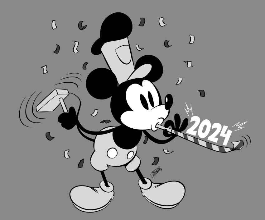 2024 4_fingers 6:5 anthro biped black_nose bottomwear clothed clothing confetti danthedoodle digital_drawing_(artwork) digital_media_(artwork) disney entering_public_domain fingers footwear grey_background greyscale hat headgear headwear hi_res holding_object holidays male mammal mickey_mouse monochrome mouse murid murine new_year new_year_2024 rodent round_ears shoes shorts signature simple_background solo standing steamboat_willie topless
