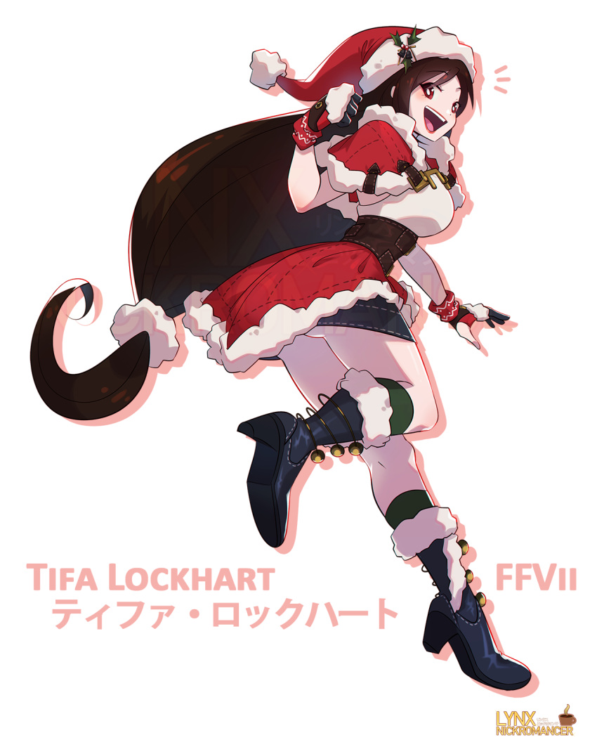 1girl artist_name ass backless_outfit black_hair boots breasts capelet character_name cheesecakes_by_lynx christmas clenched_hand commentary english_commentary final_fantasy final_fantasy_vii final_fantasy_vii_ever_crisis final_fantasy_vii_remake full_body fur-trimmed_boots fur-trimmed_capelet fur-trimmed_gloves fur-trimmed_headwear fur-trimmed_skirt fur_trim gloves hair_ornament hat high_heel_boots high_heels highres holly_hat_ornament large_breasts light_blush long_hair looking_at_viewer looking_back looking_to_the_side low-tied_long_hair miniskirt official_alternate_costume open_mouth pom_pom_(clothes) pom_pom_hair_ornament red_capelet red_eyes red_headwear red_skirt santa_hat simple_background skirt sleeveless sleeveless_turtleneck smile solo standing standing_on_one_leg sweater teeth tifa_lockhart tifa_lockhart_(fairy_of_the_holy_flame) turtleneck turtleneck_sweater upper_teeth_only very_long_hair white_sweater