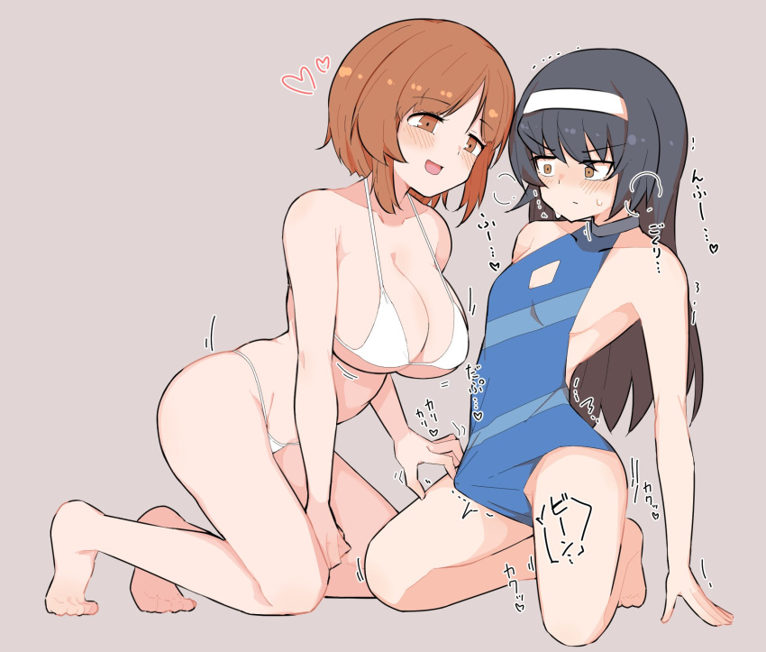 2girls bikini black_hair blush breasts brown_eyes brown_hair bulge cleavage erection erection_under_clothes futanari girls_und_panzer hairband highres large_breasts long_hair multiple_girls nishizumi_miho open_mouth reizei_mako short_hair sweat swimsuit translation_request unfortunate_hero