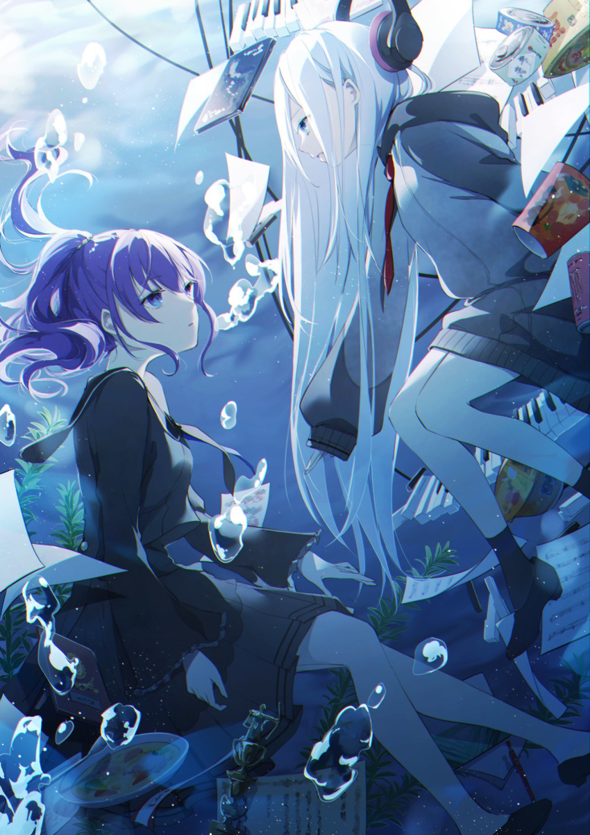 2girls air_bubble asahina_mafuyu black_legwear blue_eyes bubble can canned_food cover cover_page floating_hair food headphones highres kelp long_hair long_sleeves monster_energy multiple_girls necktie oversized_clothes paper parted_lips piano_keys plaque ponytail project_sekai purple_hair school_uniform serafuku sheet_music sidelocks silver_hair sleeves_past_wrists soup trophy underwear very_long_hair white_hair yoisaki_kanade yukkering_(yukke)