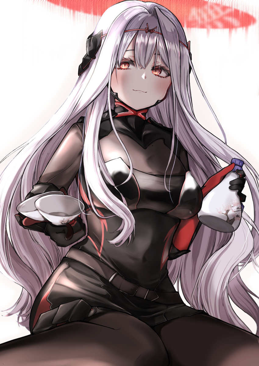 1girl absurdres armor black_armor black_bodysuit bodysuit breasts cup goddess_of_victory:_nikke grey_hair halo headgear high_heels highres holding holding_cup long_hair looking_at_viewer reaching reaching_towards_viewer rose_(nikke) shio_butter_(obscurityonline) shoulder_armor simple_background sitting solo white_background