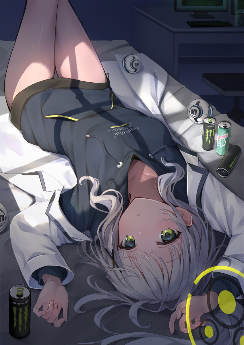 1girl absurdres bed_sheet black_hoodie black_jacket blue_archive can chair fingernails fuyoyo green_eyes grey_hair halo hare_(blue_archive) highres hood hooded_jacket hoodie indoors jacket legs_up long_hair long_sleeves looking_at_viewer monitor monster_energy parted_lips ponytail solo