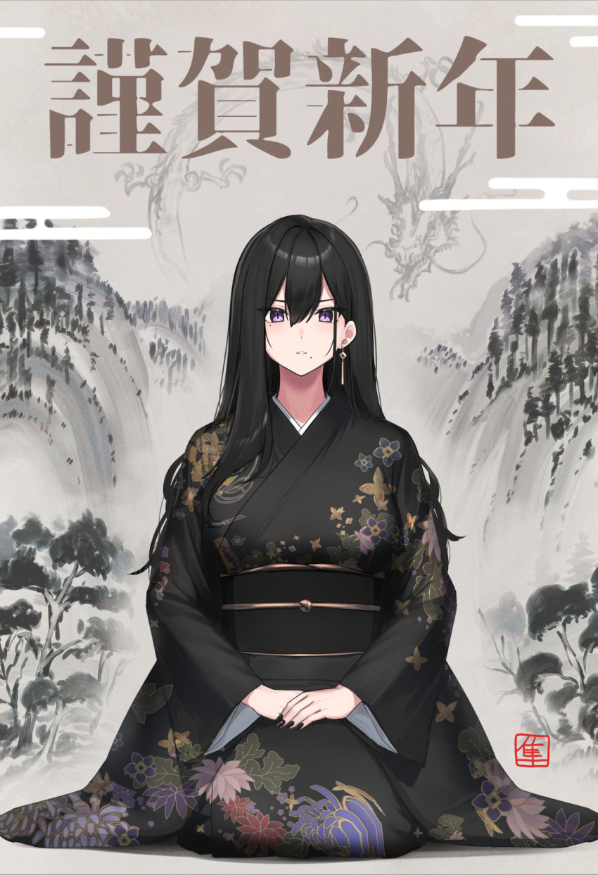 1girl black_hair black_kimono black_nails blue_eyes breasts classy-black-haired_girl_(hayabusa) double-parted_bangs dragon_print egasumi floral_print_kimono hair_between_eyes hayabusa highres japanese_clothes kimono large_breasts long_hair long_sleeves looking_at_viewer mole mole_under_eye nail_polish new_year obi obijime original parted_lips sash seiza sitting sketch_background solo translation_request wide_sleeves