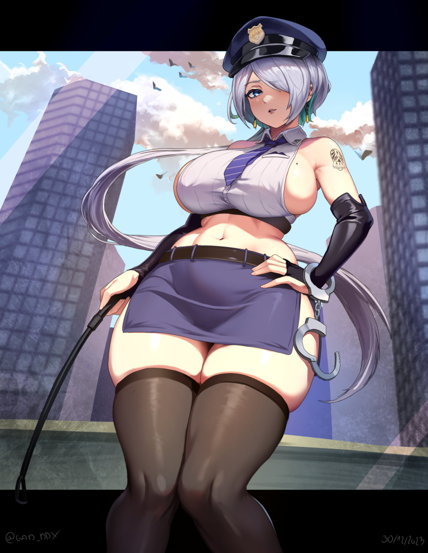 1girl absurdres alternate_costume black_gloves blue_eyes blue_headwear blue_necktie breasts brid_(nikke) city colored_inner_hair cropped_shirt earrings elbow_gloves gad_the_god garrison_cap gloves goddess_of_victory:_nikke green_hair grey_hair hair_over_one_eye hat highres jewelry large_breasts long_hair looking_at_viewer miniskirt mole mole_on_breast multicolored_hair navel necktie outdoors police shirt sideboob sideless_shirt skindentation skirt sleeveless sleeveless_shirt solo striped_necktie thighhighs two-tone_hair wrist_cuffs