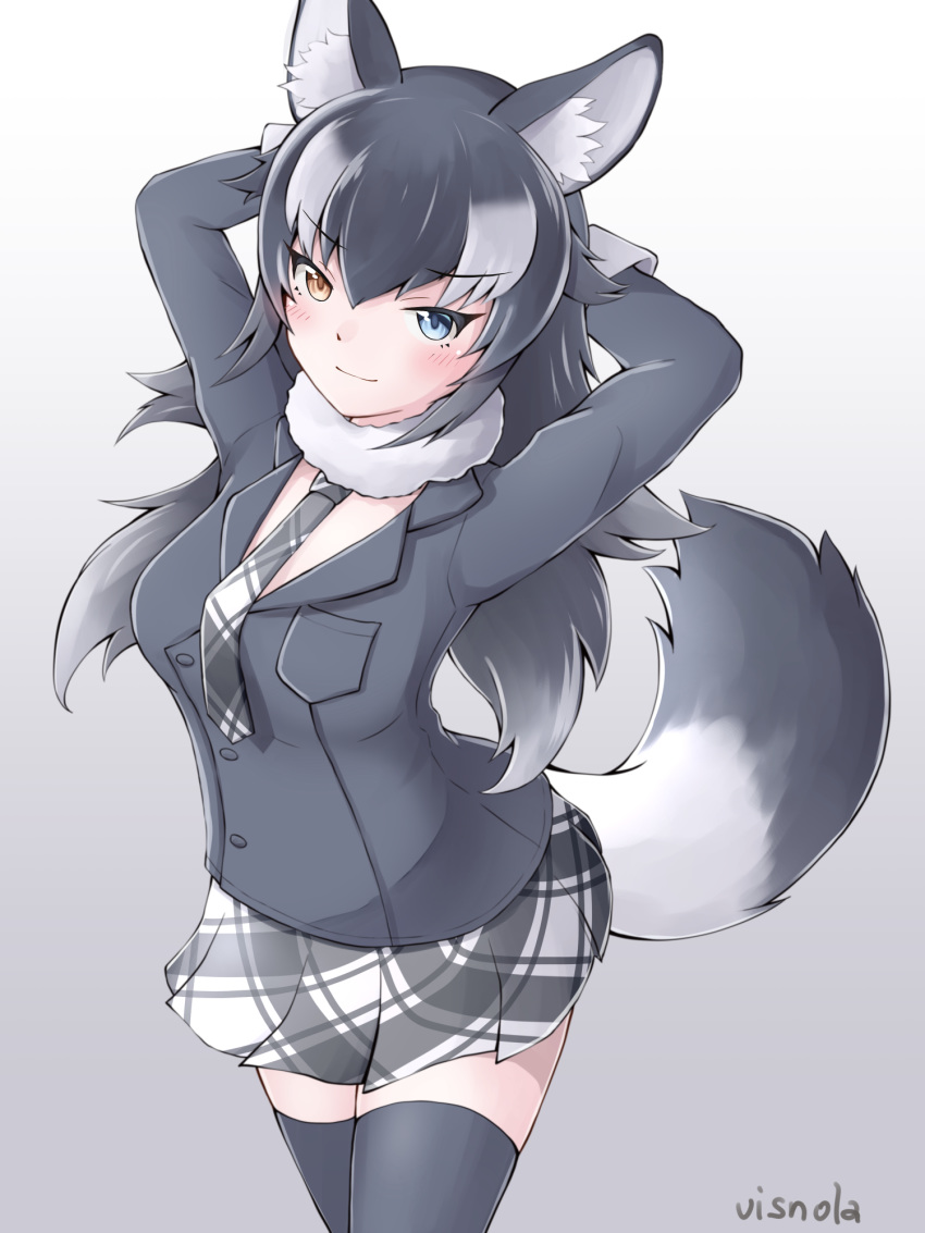 1girl animal_ear_fluff animal_ears arm_behind_head black_hair black_legwear blue_eyes blush breast_pocket breasts eyebrows_visible_through_hair fur_collar gradient gradient_background grey_wolf_(kemono_friends) heterochromia highres kemono_friends looking_at_viewer medium_breasts multicolored_hair plaid_neckwear pocket tail two-tone_hair visnola white_hair wolf_ears wolf_girl wolf_tail yellow_eyes