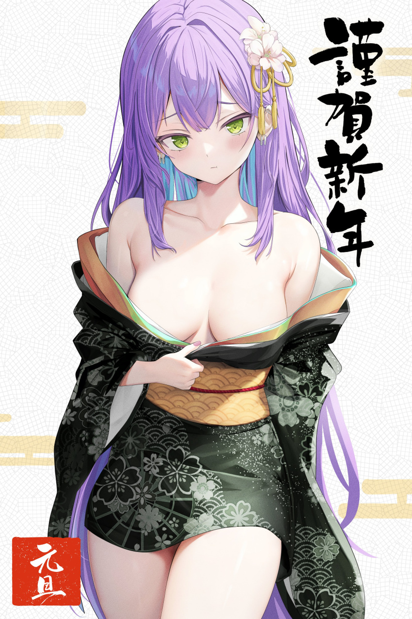 1girl absurdres bare_shoulders breasts floral_print_kimono flower green_eyes green_kimono hair_flower hair_ornament highres hololive japanese_clothes kimono looking_at_viewer nekonosuke nengajou new_year pink_nails purple_hair solo tassel tassel_hair_ornament tokoyami_towa twintails virtual_youtuber