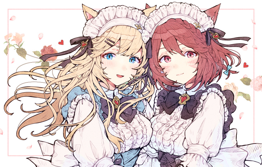 2girls absurdres animal_ears apron black_apron black_bow black_bowtie blonde_hair blue_apron blue_eyes bow bowtie breasts cat_ears closed_mouth dress final_fantasy final_fantasy_xiv flower hair_between_eyes hair_ornament hair_ribbon hairclip heart highres light_blush long_hair looking_at_viewer maid maid_apron maid_headdress medium_breasts miqo'te mokokoiro multiple_girls open_mouth red_eyes red_hair ribbon short_hair upper_body white_dress white_headdress