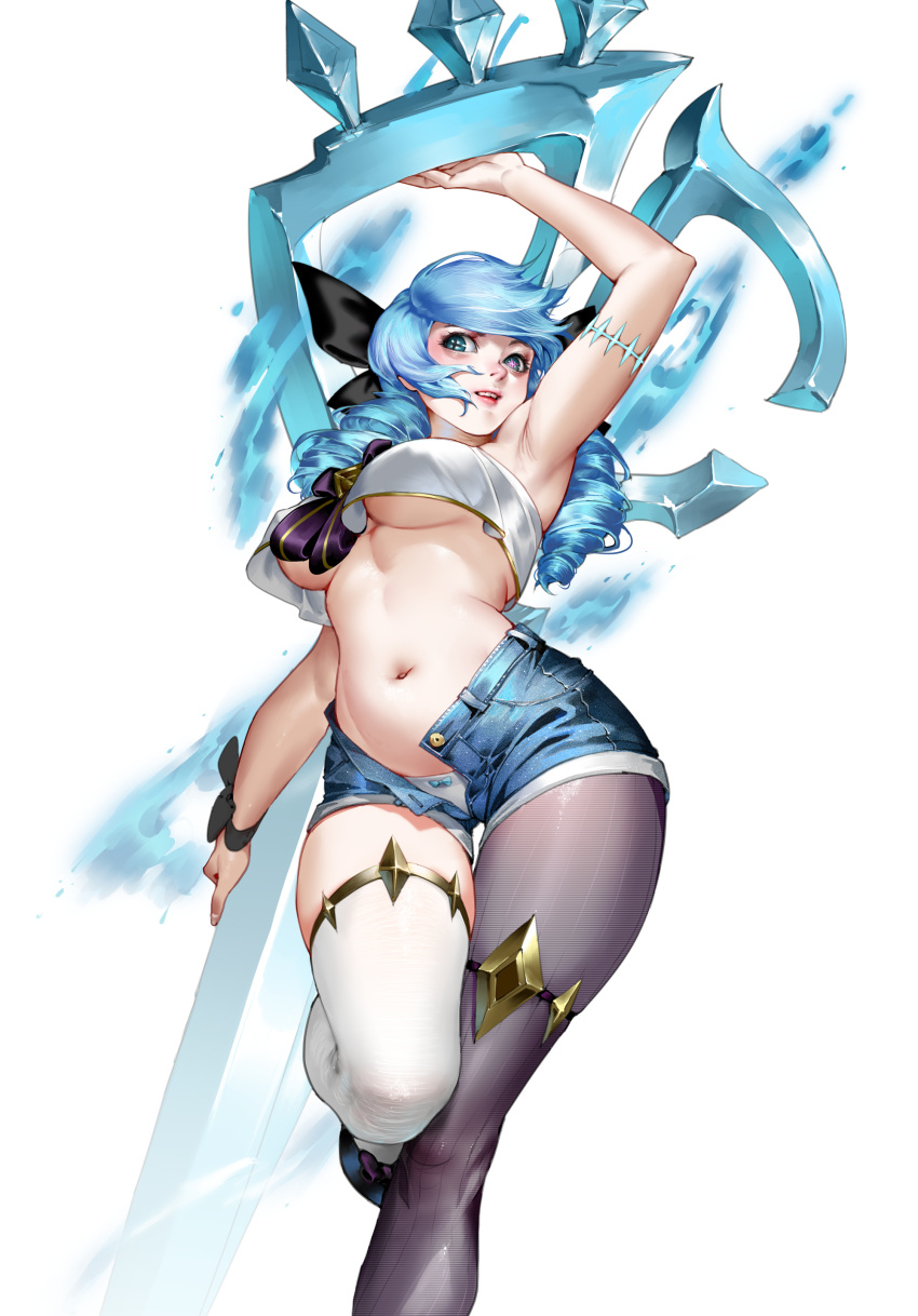 1girl absurdres alternate_costume arm_up black_footwear black_pantyhose blue_hair breasts crop_top drill_hair gwen_(league_of_legends) highres holding holding_scissors hua_zhong_yu large_breasts league_of_legends navel open_clothes open_shorts pantyhose scissors shirt shorts simple_background single_leg_pantyhose single_thighhigh solo thighhighs twin_drills twintails underboob white_background white_shirt white_thighhighs