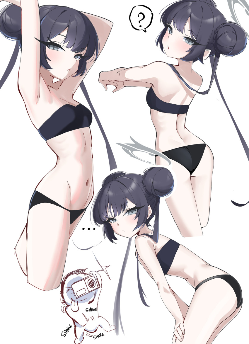 ... 1girl ? absurdres alternate_costume armpits arms_up back bandeau bikini black_bandeau black_bikini black_hair blue_archive breasts chibi chibi_inset commentary cropped_legs doodle_sensei_(blue_archive) double_bun english_commentary expressionless gen_(unzzenasd) grey_eyes grey_halo groin hair_bun halo hand_under_clothes hands_on_own_knees highres kisaki_(blue_archive) leaning_forward long_hair looking_at_viewer multiple_views navel outstretched_arms sensei_(blue_archive) simple_background sketch small_breasts sound_effects spoken_question_mark swimsuit taking_picture tsurime white_background