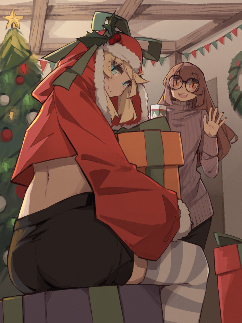 1boy 1girl absurdres black_shirt black_shorts blonde_hair blue_eyes blush box bridget_(guilty_gear) brown_hair christmas christmas_tree closed_mouth commentary cropped_shirt english_commentary fur_trim gift gift_box glasses grey_thighhighs guilty_gear hand_up highres hood hood_up indoors long_hair long_sleeves may_(guilty_gear) open_mouth orange_eyes otoko_no_ko purple_sweater round_eyewear santa_costume shirt shorts sitting standing striped striped_thighhighs sweater teeth thighhighs togekk0 upper_teeth_only waving white_thighhighs