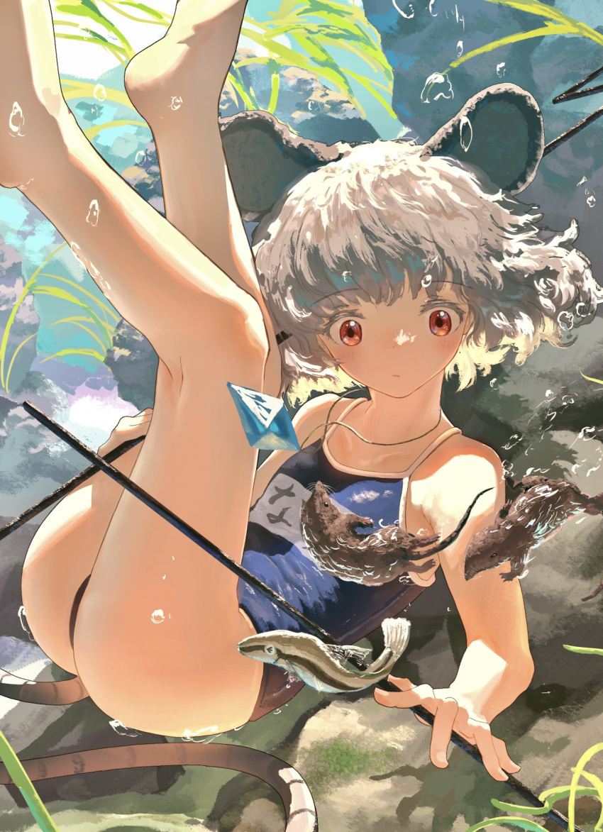 1girl animal animal_ears ass bare_arms bare_legs bare_shoulders barefoot black_one-piece_swimsuit blush closed_mouth dowsing_rod fish grey_hair highres jewelry kajatony kneepits mouse_ears mouse_tail name_tag nazrin one-piece_swimsuit pendant red_eyes school_swimsuit short_hair solo swimsuit tail touhou water_drop