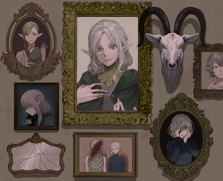 2boys 2girls black_shirt blonde_hair blood blood_on_face braid braided_ponytail_elf_(dungeon_meshi) broken_mirror brothers cloak covering_one_eye dungeon_meshi elf goat goat_(dungeon_meshi) green_cloak grey_eyes grey_hair head-mounted_display highres holding_pitcher hood hood_down hooded_cloak long_hair long_sleeves looking_at_viewer looking_down milsiril_(dungeon_meshi) mirror mithrun mithrun's_brother multiple_boys multiple_girls pointy_ears portrait_(object) shirt short_hair siblings smile stuffed_animal stuffed_cat stuffed_toy xiiiiiiiii