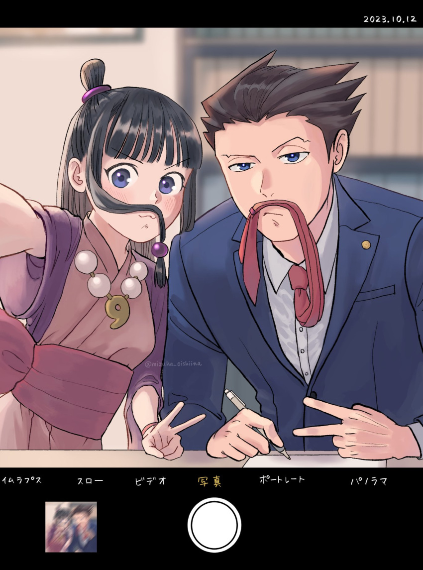 1boy 1girl ace_attorney black_hair blue_eyes blue_jacket blunt_bangs closed_mouth collared_shirt dated hair_bun hair_slicked_back hanten_(clothes) highres holding holding_pen jacket jewelry long_hair long_sleeves looking_at_viewer magatama magatama_necklace maya_fey necklace necktie pen phoenix_wright pink_sash raised_eyebrow red_necktie sash shirt short_hair short_sleeves spiked_hair suibun_(mizuha_oishiina) topknot v white_shirt