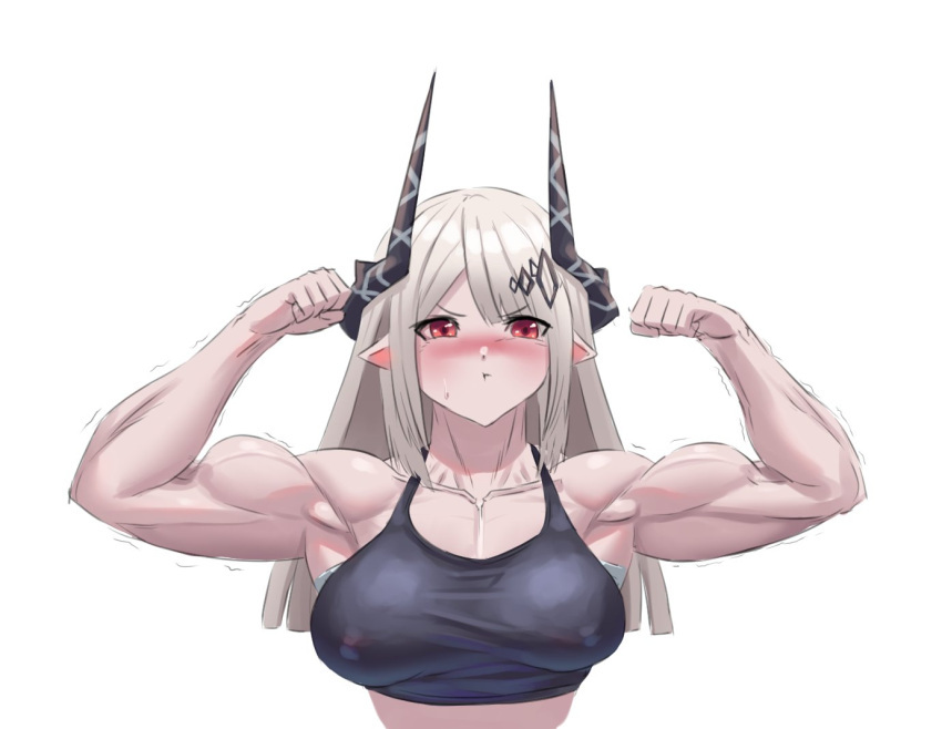 1girl arknights blush double_biceps_pose flexing gloves hammer horns jacket long_hair looking_at_viewer mr_cheesedong mudrock_(arknights) mudrock_(elite_ii)_(arknights) muscular muscular_female open_clothes open_jacket pointy_ears pout red_eyes solo sweat tank_top toned white_background white_hair