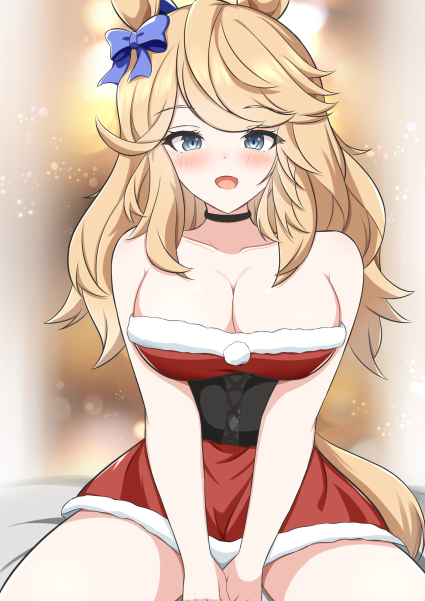 1girl animal_ears arn7 bare_shoulders bed_sheet black_choker blonde_hair blue_eyes blush bow breasts choker christmas cleavage commentary dress ear_bow fur-trimmed_dress fur_trim gold_city_(umamusume) highres horse_ears horse_girl large_breasts long_hair looking_at_viewer on_bed open_mouth red_dress santa_dress short_dress sitting smile solo strapless strapless_dress umamusume v_arms