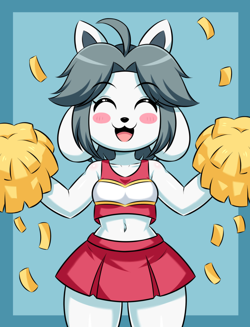 anthro blush breasts canid canine canis cheerleader clothed clothing domestic_dog female fur hair hi_res huitu_c mammal tem temmie_(undertale) thick_thighs undertale video_games white_body white_fur wide_hips