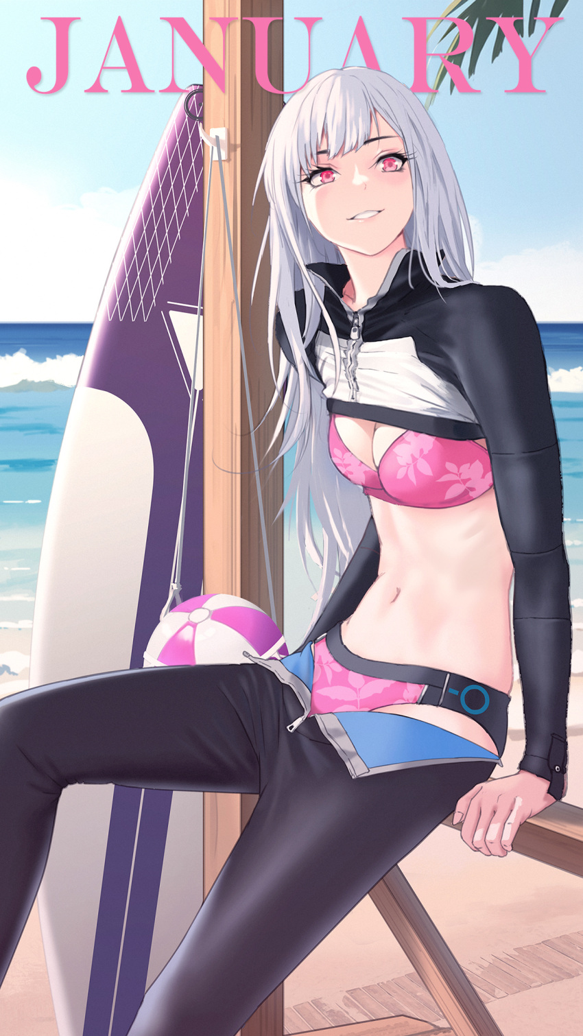 1girl ak-12_(girls'_frontline) ball beach beachball bikini breasts cleavage english_text girls'_frontline highres long_hair parted_lips pink_bikini red_eyes sand shuten_(project_sky) sitting sky smile solo surfboard swimsuit unzipped water white_hair