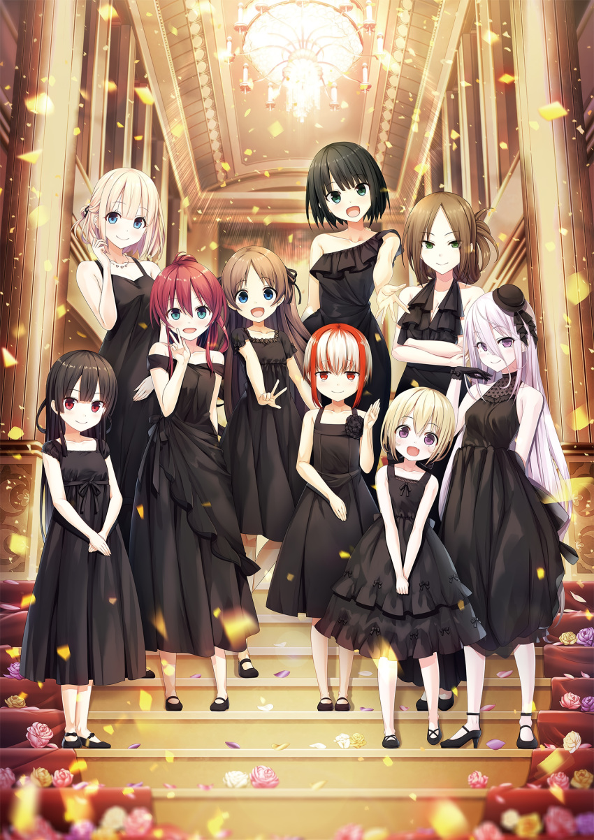 6+girls aqua_eyes arm_behind_back arms_under_breasts asymmetrical_dress bare_shoulders black_dress black_footwear black_gloves black_hair blonde_hair blue_eyes breasts brown_hair cleavage collarbone confetti cura dress fang flower formal gloves green_eyes hachiroku_(maitetsu) hair_between_eyes hair_ribbon half_updo halterneck hayase_fukami high_heels highres hinai_paulette houshou_kisaki indoors jewelry lace-trimmed_dress lace_trim long_hair looking_at_viewer maitetsu mary_janes medium_hair migita_hibiki migita_soutetsu mikuro_(maitetsu) multicolored_hair multiple_girls nakamura_chikage necklace non-web_source official_art open_mouth outstretched_arm own_hands_together photoshop_(medium) pink_hair purple_eyes red_eyes red_hair ribbon rose shoes short_hair short_sleeves sleeveless sleeveless_dress smile strappy_heels sumi_(monobeno) two-tone_hair two_side_up v_arms very_long_hair w waving white_hair