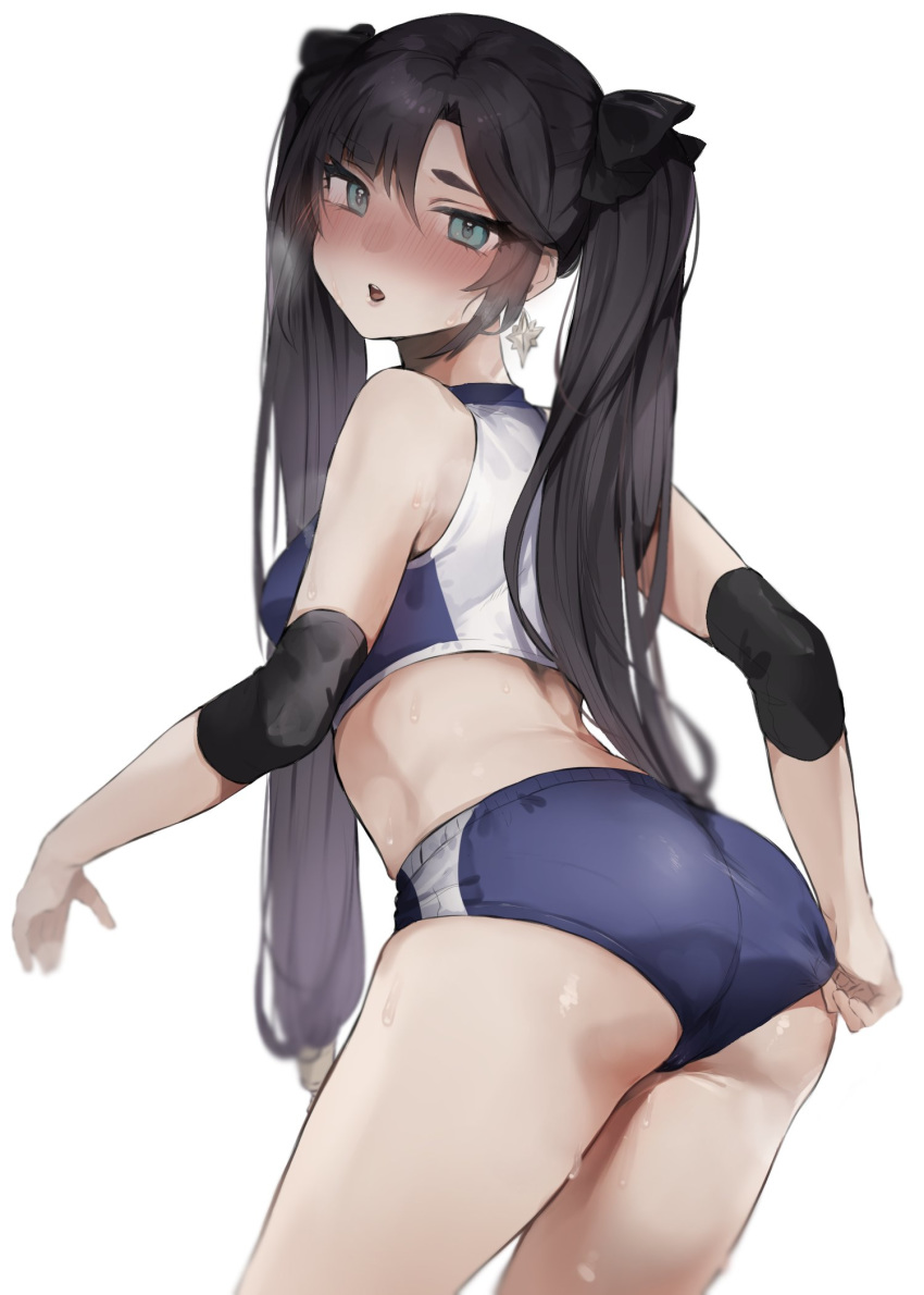 adjusting_clothes adjusting_legwear black_hair blue_eyes blush cameltoe elbow_pads genshin_impact hair_ribbon heavy_breathing highres kiyomasa_(dangan) looking_back mona_(genshin_impact) open_mouth ribbon short_shorts shorts sportswear sweat twintails