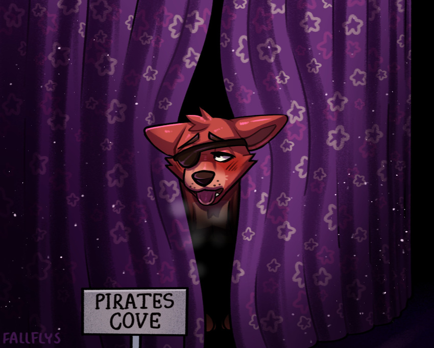 2023 absurd_res anthro blush breath canid canine curtains english_text eye_patch eye_roll eyebrows eyewear fallflys five_nights_at_freddy's fox foxy_(fnaf) fur hi_res inside looking_pleasured male mammal narrowed_eyes open_mouth scottgames sign signature solo suggestive teeth text tongue tongue_out tuft