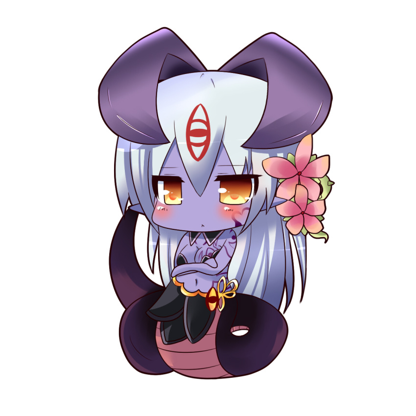 1girl :&lt; alipheese_fateburn_xvi arm_tattoo black_skirt blush breast_tattoo breasts chibi cleavage closed_mouth colored_skin commentary_request crossed_arms eye_tattoo facial_tattoo flower full_body hair_between_eyes hair_flower hair_ornament hair_tattoo hitsujimaru horns lamia large_breasts long_hair mon-musu_quest! monster_girl navel ooyama_chiroru partial_commentary pointy_ears purple_skin simple_background skirt solo tail tattoo very_long_hair white_background white_hair yellow_eyes