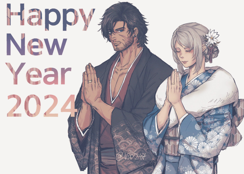 1boy 1girl 2024 black_hair blue_eyes blue_kimono clive_rosfield closed_eyes closed_mouth collarbone commentary couple earrings english_commentary facial_hair final_fantasy final_fantasy_xvi floral_print flower grey_hair hair_flower hair_ornament happy_new_year hatsumoude highres japanese_clothes jewelry jill_warrick kimono long_hair long_sleeves new_year obi own_hands_together praying print_kimono ring sash scar scar_on_cheek scar_on_face short_hair simple_background single_earring slackertherubycat twitter_username upper_body wedding_ring wide_sleeves