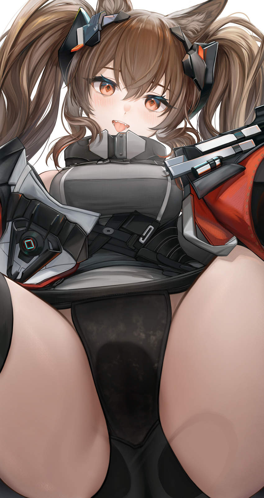 1girl absurdres angelina_(arknights) angelina_(endfield)_(arknights) arknights arknights:_endfield ass black_panties brown_eyes brown_hair fangs from_behind grey_shirt highres jacket looking_at_viewer nopetroto official_alternate_costume open_clothes open_jacket open_mouth panties pov red_jacket shirt sitting_on_face solo spread_legs thighs tongue twintails underwear