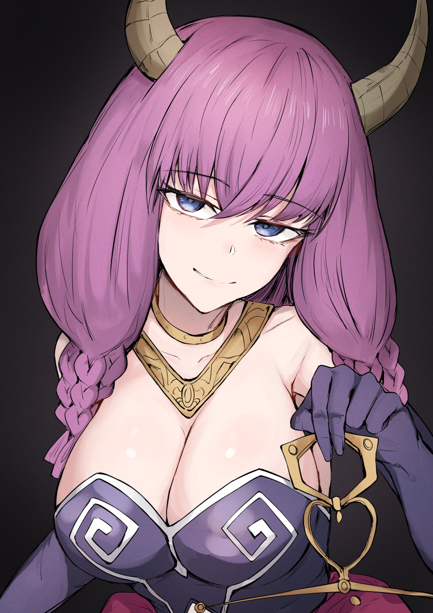 1girl absurdres aura_(sousou_no_frieren) black_bow blue_eyes bow braid breasts cleavage clothing_cutout commentary cowboy_shot dress elbow_gloves gloves hair_between_eyes highres horns large_breasts light_smile long_hair navel_cutout purple_dress purple_gloves sak1_01 smirk solo sousou_no_frieren symbol-only_commentary twin_braids weighing_scale