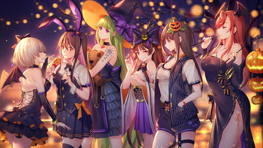 6+girls alternate_costume animal_ears autumn back_bow backless_dress backless_outfit baiju_(witch's_weapon) bangs bare_shoulders bat_wings belt belt_buckle black_bow black_choker black_gloves black_hair black_legwear black_neckwear black_shorts blouse blue_eyes blunt_bangs blurry blurry_background blush bob_cut bow bowtie bracelet breasts brown_belt brown_hair buckle bunny_ears buttons candy choker cleavage collarbone collared_shirt colored_inner_hair covered_navel covered_nipples cubozova curled_fingers detached_sleeves dress elbow_gloves eyebrows_visible_through_hair eyepatch fake_animal_ears food food_themed_hair_ornament frilled_dress frills game_cg gloves gold_bracelet gold_trim green_hair hair_between_eyes hair_bow hair_ornament halloween halloween_costume halter_top halterneck hand_in_pocket hat head_wings holding holding_candy holding_food huge_bow impossible_clothes impossible_dress jack-o'-lantern jewelry kiriyu_(witch's_weapon) large_belt large_breasts lollipop long_dress long_hair looking_at_another mini_wings miniskirt multicolored_hair multiple_girls necklace night night_sky official_art open_mouth orange_bow orange_neckwear pearl_necklace pink_hair pleated_skirt pointing pumpkin pumpkin_hair_ornament purple_bow purple_eyes purple_skirt red_bow red_eyes red_hair ren_(witch's_weapon) shadow shirt short_dress short_shorts short_sleeves shorts side_slit silk skirt sky smirk spider_web spider_web_tattoo star_(sky) starry_sky stitched_face stitches strapless strapless_dress striped striped_vest stuffed_animal stuffed_toy sweatdrop tattoo teddy_bear thigh_strap thighhighs thighs tree very_long_hair vest white_blouse white_hair white_shirt wings witch's_weapon witch_hat wrist_cuffs zettai_ryouiki