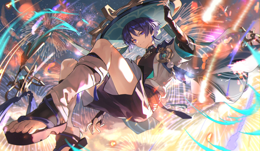 1boy absurdres armor closed_mouth fireworks floating genshin_impact hand_on_headwear hat highres japanese_armor jingasa kote koujisako kurokote looking_at_viewer male_focus mandarin_collar night outdoors purple_eyes purple_hair scaramouche_(genshin_impact) sky solo toeless_footwear vision_(genshin_impact) wanderer_(genshin_impact)