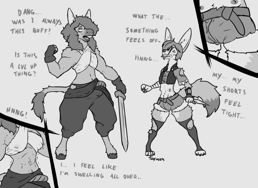 anthro asinus breasts canid canine dialogue donkey duo english_text equid equine female fox ftg_transformation fti_transformation gaming gender_transformation greyscale growth hi_res knife mammal melee_weapon monochrome multi_breast muscle_growth playing_videogame sword text toby_art transformation transformation_through_technology weapon