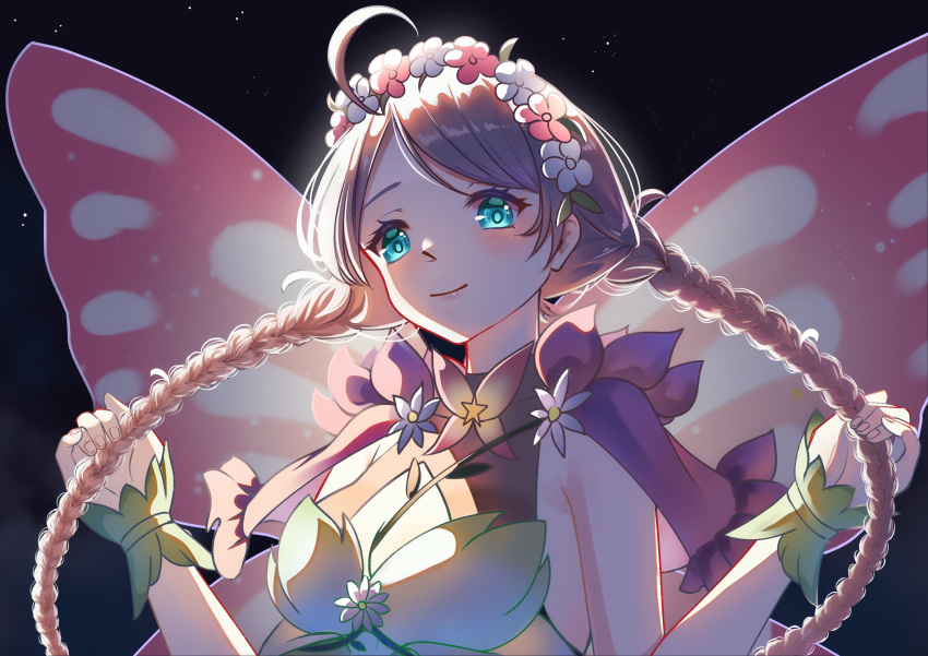 1girl absurdres ahoge blue_eyes braid breasts butterfly_wings capelet commission commissioner_upload fairy fairy_wings fire_emblem fire_emblem_fates fire_emblem_heroes green_bracelet hair_vines hairband highres insect_wings leaf_bracelet long_hair low_twin_braids low_twintails medium_breasts nina_(fire_emblem) nina_(resplendent)_(fire_emblem) parted_bangs pink_capelet solo twin_braids twintails wings