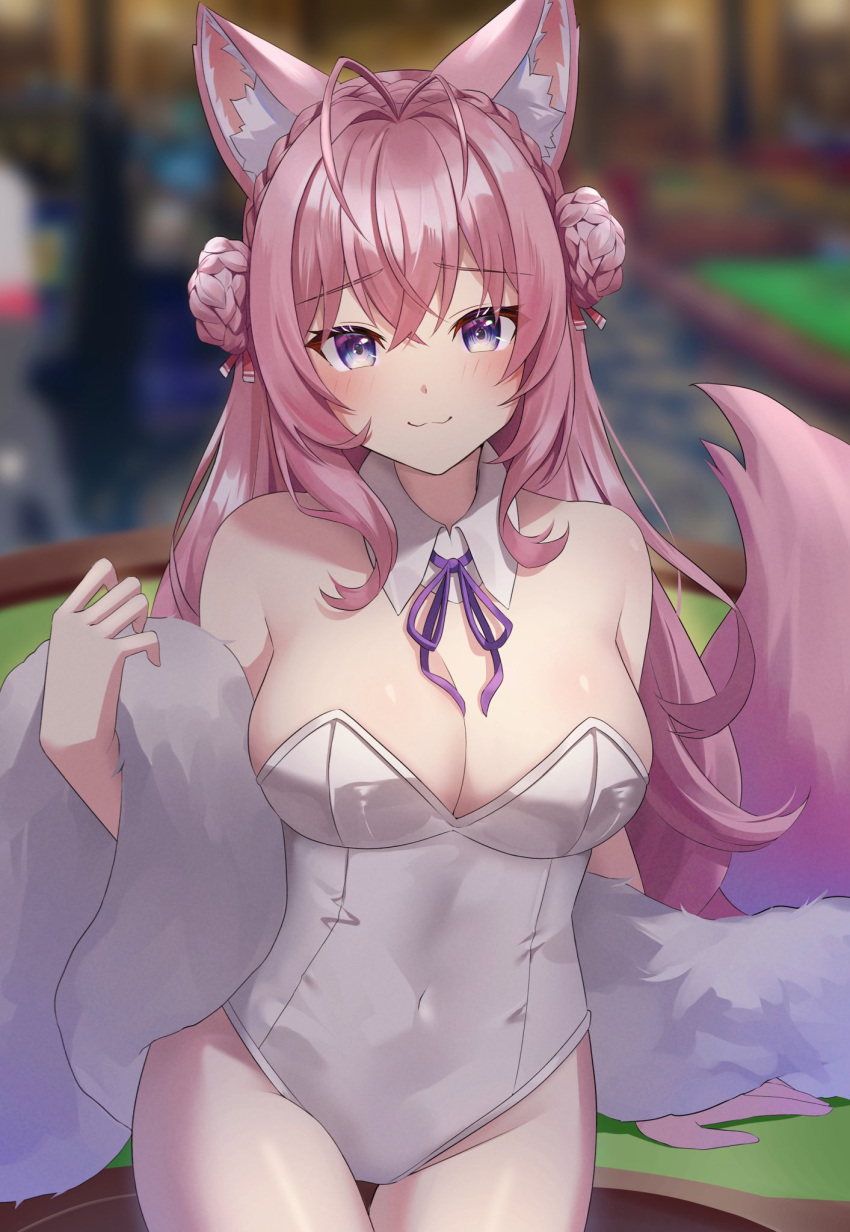 1girl :3 animal_ear_fluff animal_ears antenna_hair bare_shoulders blurry blurry_background blush bow braid braided_bun breasts casino casino_card_table cleavage commentary_request covered_navel cowboy_shot crown_braid detached_collar double_bun feather_boa hair_bun hakui_koyori highres hololive indoors large_breasts leotard long_hair looking_at_viewer pendora1022 pink_hair pink_tail playboy_bunny purple_bow purple_eyes smile solo strapless strapless_leotard table tail virtual_youtuber white_leotard wolf_ears wolf_girl wolf_tail