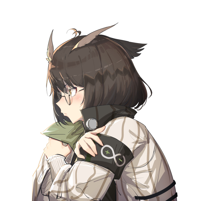 1girl antenna_hair arknights blush brown_hair from_side glasses highres jacket owl_ears profile rhine_lab_logo semi-rimless_eyewear short_hair silence_(arknights) simple_background solo under-rim_eyewear upper_body vchan white_background white_jacket yellow_eyes