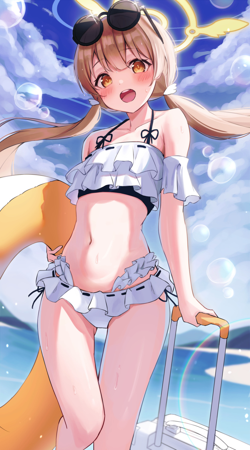1girl absurdres bare_arms bare_legs bare_shoulders bikini blue_archive blush day eyewear_on_head frilled_bikini frills halo hifumi_(blue_archive) hifumi_(swimsuit)_(blue_archive) highres leopon_pon light_brown_hair long_hair looking_at_viewer low_twintails navel official_alternate_costume open_mouth outdoors solo sunglasses swimsuit teeth twintails upper_teeth_only white_bikini yellow_eyes yellow_halo