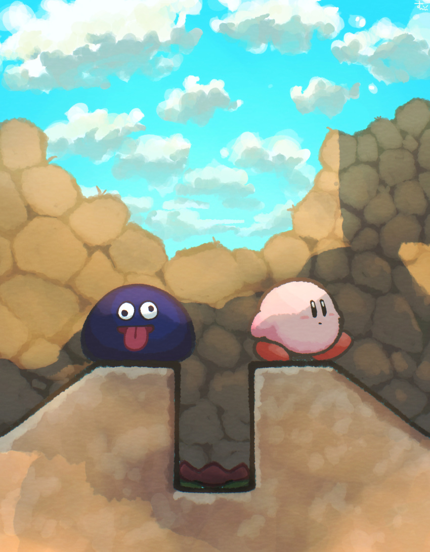 absurdres blue_skin blue_sky cloud colored_skin flower gooey_(kirby) highres kirby kirby's_dream_land_3 kirby_(series) looking_at_viewer no_humans sky solid_oval_eyes suyasuyabi tongue tongue_out tulip tulip_(kirby) wall-eyed