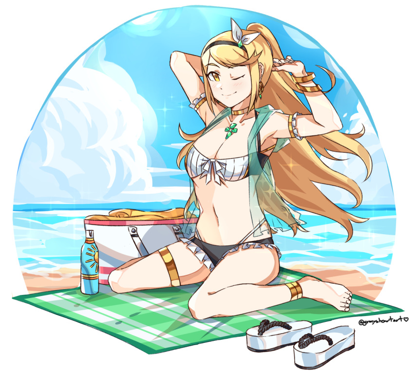 1girl ;) anklet armpits arms_up bag barefoot beach blanket blonde_hair blue_sky bottle bracelet breasts choker cloud commentary day earrings english_commentary full_body gold_choker graysheartart jewelry long_hair looking_at_viewer medium_breasts mythra_(xenoblade) navel one_eye_closed outdoors sitting sky smile solo thighlet twitter_username wariza water xenoblade_chronicles_(series) xenoblade_chronicles_2 yellow_eyes