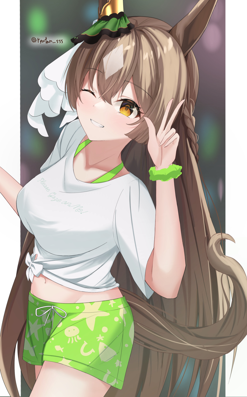 1girl absurdres animal_ears animal_print blurry blurry_background blush border braid brown_eyes brown_hair closed_mouth commentary_request cowboy_shot ear_ornament fish_print french_braid gaze_on_me!_outfit_(umamusume) green_shorts grin hair_between_eyes highres horse_ears horse_girl horse_tail lryutanl midriff multicolored_hair navel one_eye_closed satono_diamond_(umamusume) scrunchie shirt shorts smile solo stage standing streaked_hair tail tied_shirt umamusume w white_border white_hair wrist_scrunchie