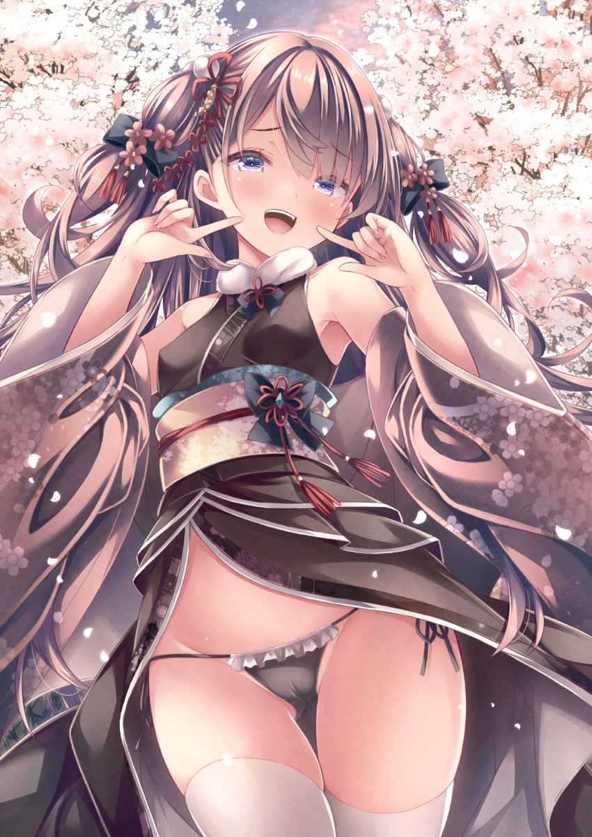 1girl :d ass_visible_through_thighs bare_shoulders black_kimono black_panties blush brown_hair brown_sleeves cameltoe commentary_request detached_sleeves floral_print flower frilled_panties frills groin highres japanese_clothes kimono long_hair long_sleeves obi original panties print_sleeves purple_eyes ryo_(botugo) sash side-tie_panties sleeveless sleeveless_kimono smile thighhighs two_side_up underwear very_long_hair white_flower white_thighhighs wide_sleeves