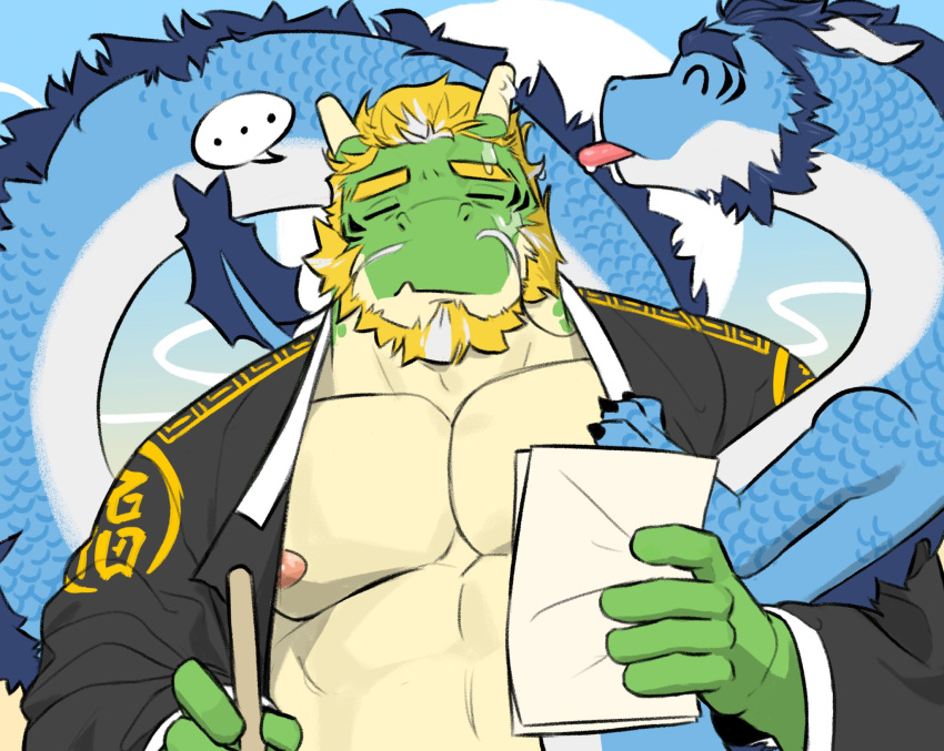 ... 2boys ^_^ bara bare_pectorals beard blonde_hair blue_fur blue_hair centauroid chinese_zodiac closed_eyes couple curled_horns dragon_boy dragon_ears dragon_horns drown facial_hair fang from_side full_beard furry furry_male green_fur happy highres holding holding_paper horns huge_eyebrows jacket large_pectorals licking licking_another's_cheek licking_another's_face long_mustache male_focus mature_male multicolored_hair multiple_boys muscular muscular_male mutton_chops nipples open_clothes open_jacket original paper pectorals peula_(pteragon) plump profile saliva skin_fang streaked_facial_hair streaked_hair taur thick_beard wet wet_hair yaoi year_of_the_dragon